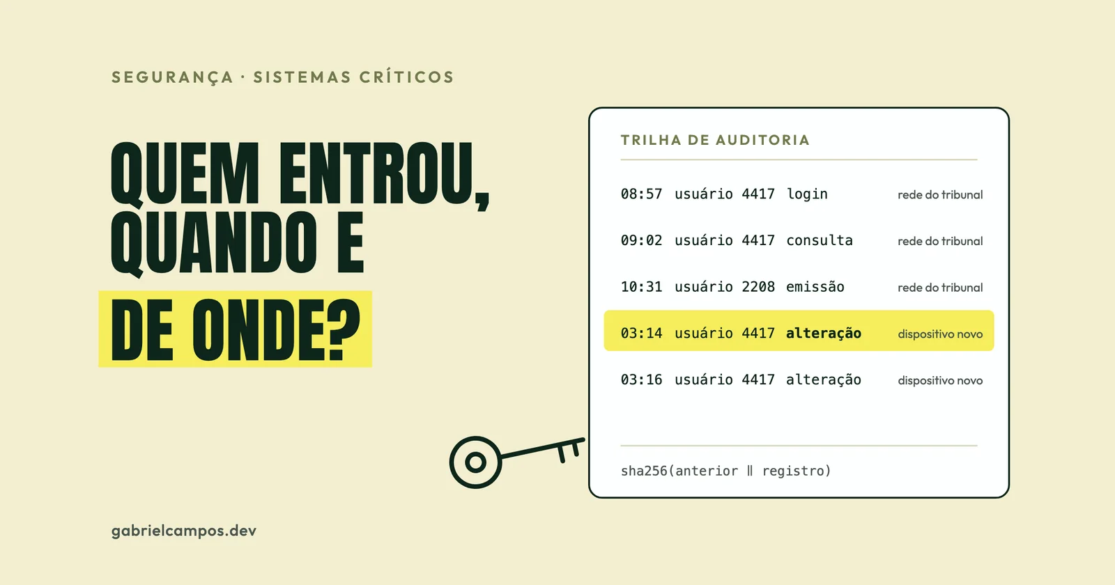 Ilustração de uma porta com fechadura, uma chave e um livro de registros em que uma das linhas está destacada em amarelo