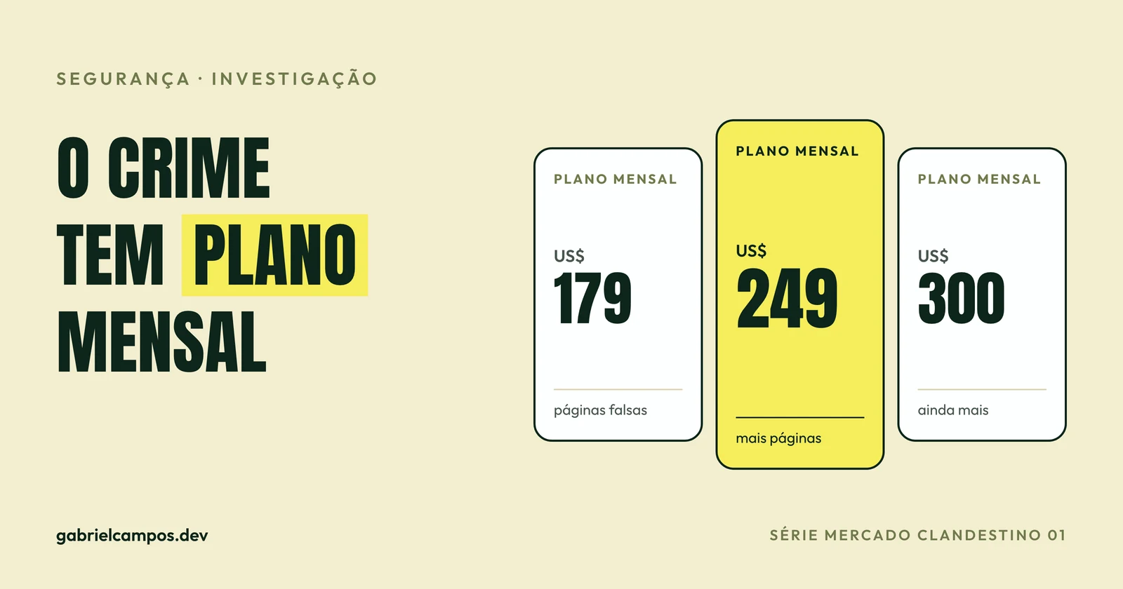 Ilustração de uma tabela de preços em três colunas, como a de um software comercial, com os valores mensais documentados do LabHost e a coluna do meio destacada em amarelo, com o rótulo Série Mercado Clandestino 01